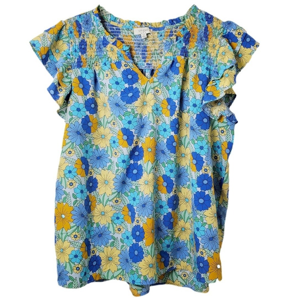 Umgee Smocked Yoke Floral Popover Top Blue Yellow Ruffle Sleeve Blouse Size 1XL